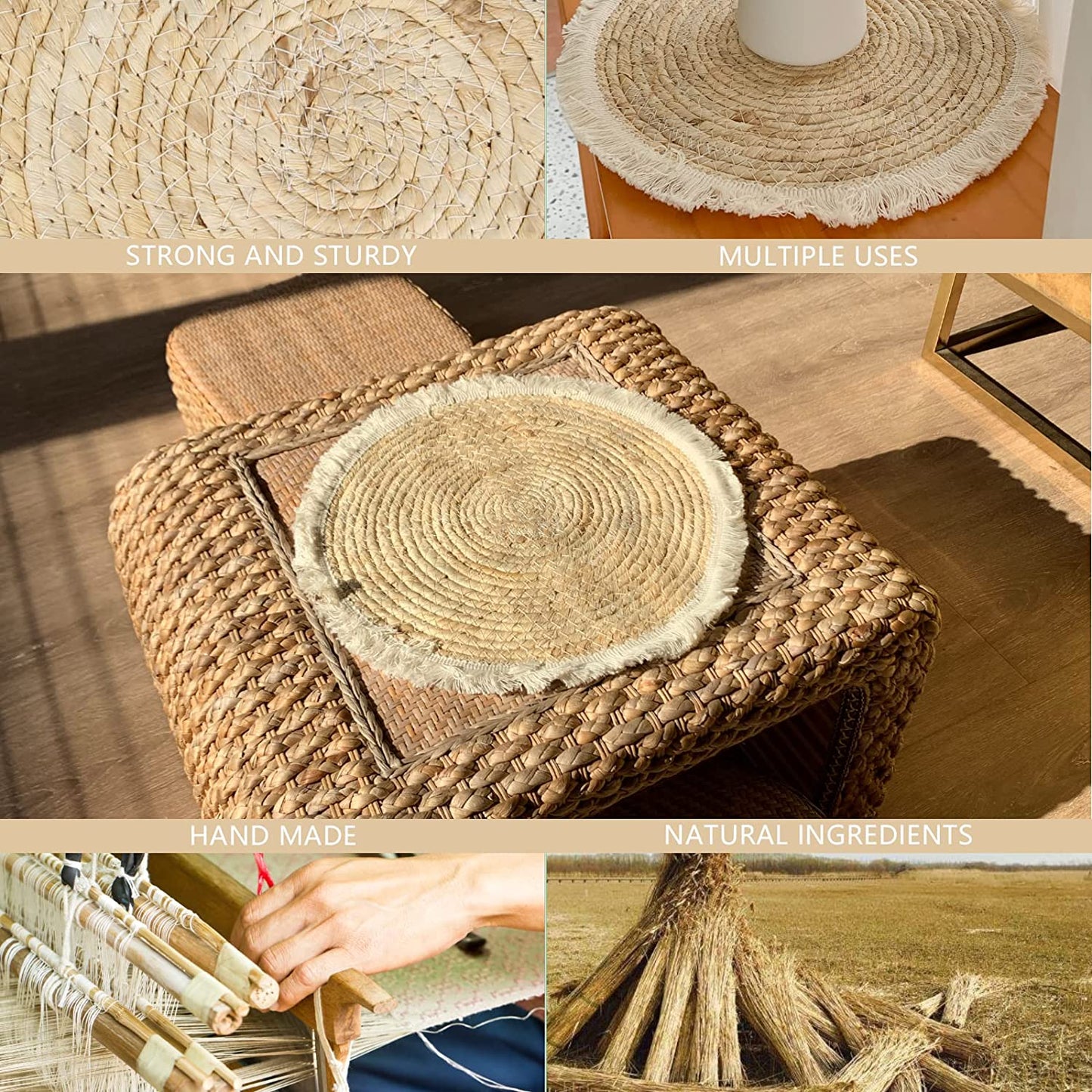 Natural Round 4/6/8 of Set Straw Braided Placemat with Tassel Boho Handmade Rattan Weave Heat Resistant Mats for Kitchen Table Decor(9.8")