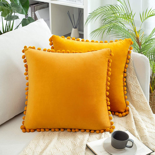 2x  Square Throw Pillowa with Cute Pom-poms for Couch Sofa Bedroom Decor (Inserts + Pillow Covers, Gold)
