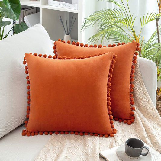 2x  Square Throw Pillow with Cute Pom-poms for Couch Sofa Bedroom Decor (Inserts + Pillow Covers, Orange)