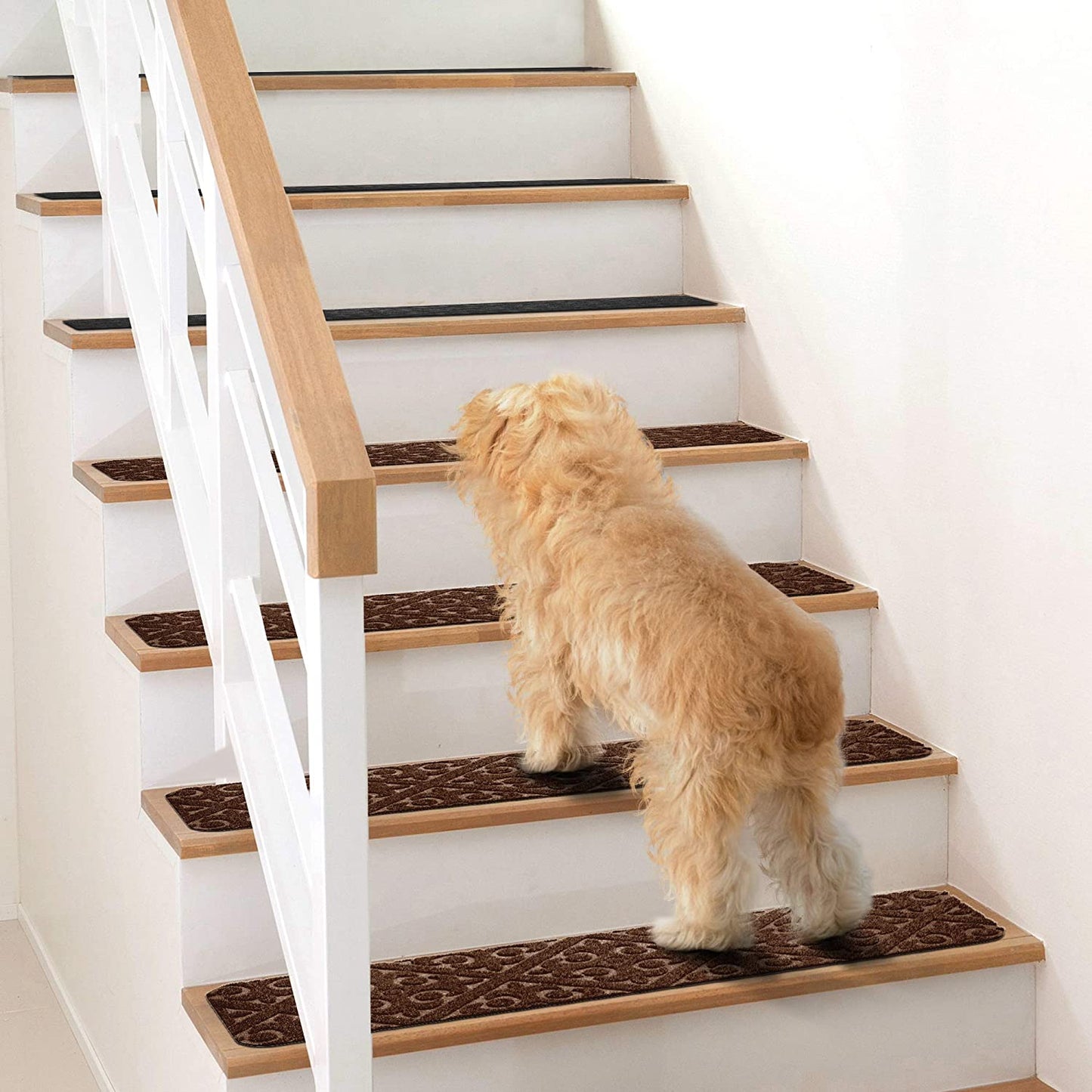 Stair Treads Carpet Non-Slip Indoor Stair Runners for Wooden Steps, Stair Rugs for Kids and Dogs, Set of 15, 8" X 30",Embossing Brown