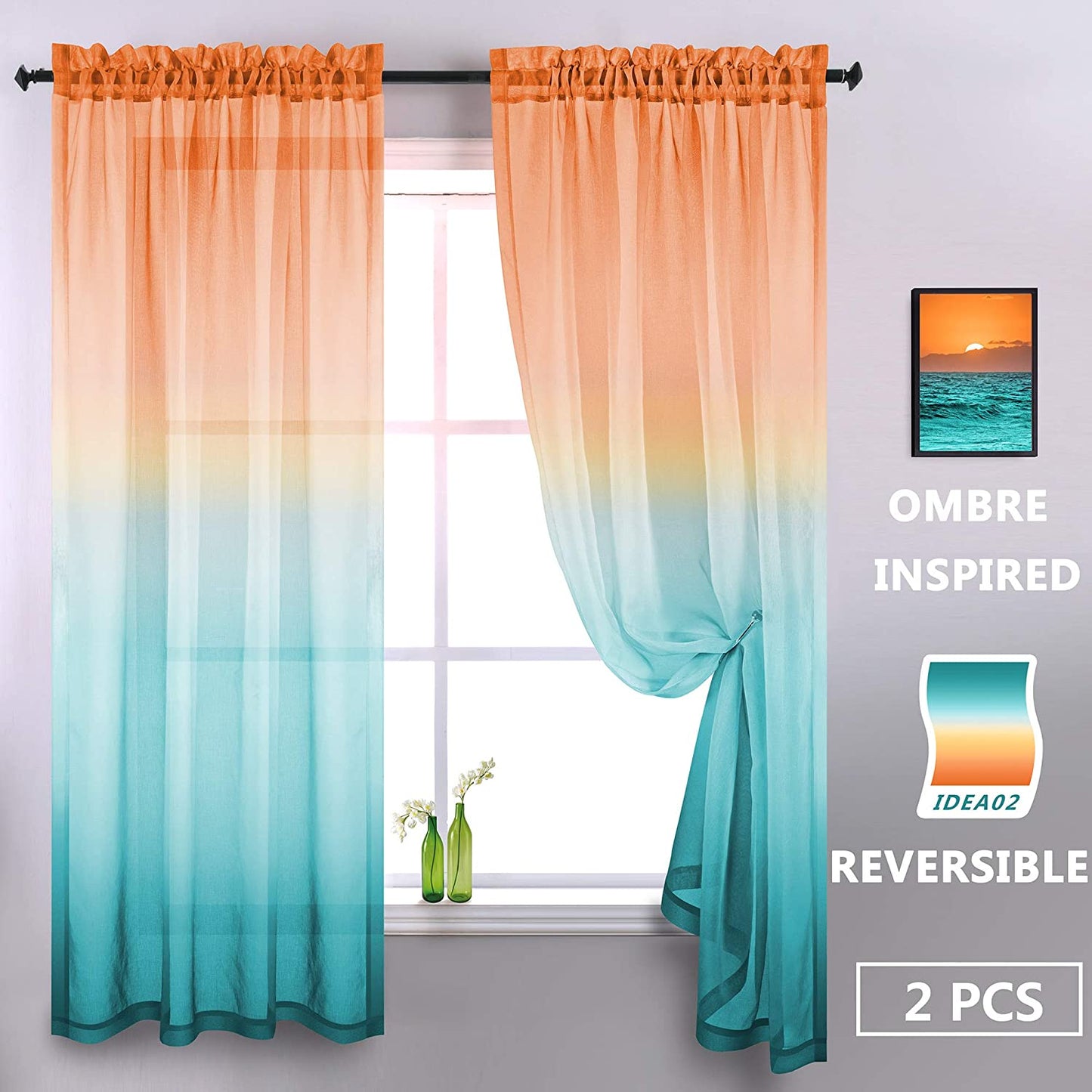 Ombre Sheer Curtains for Bedroom 2 Pieces Set Reversible Lemon Orange and Green