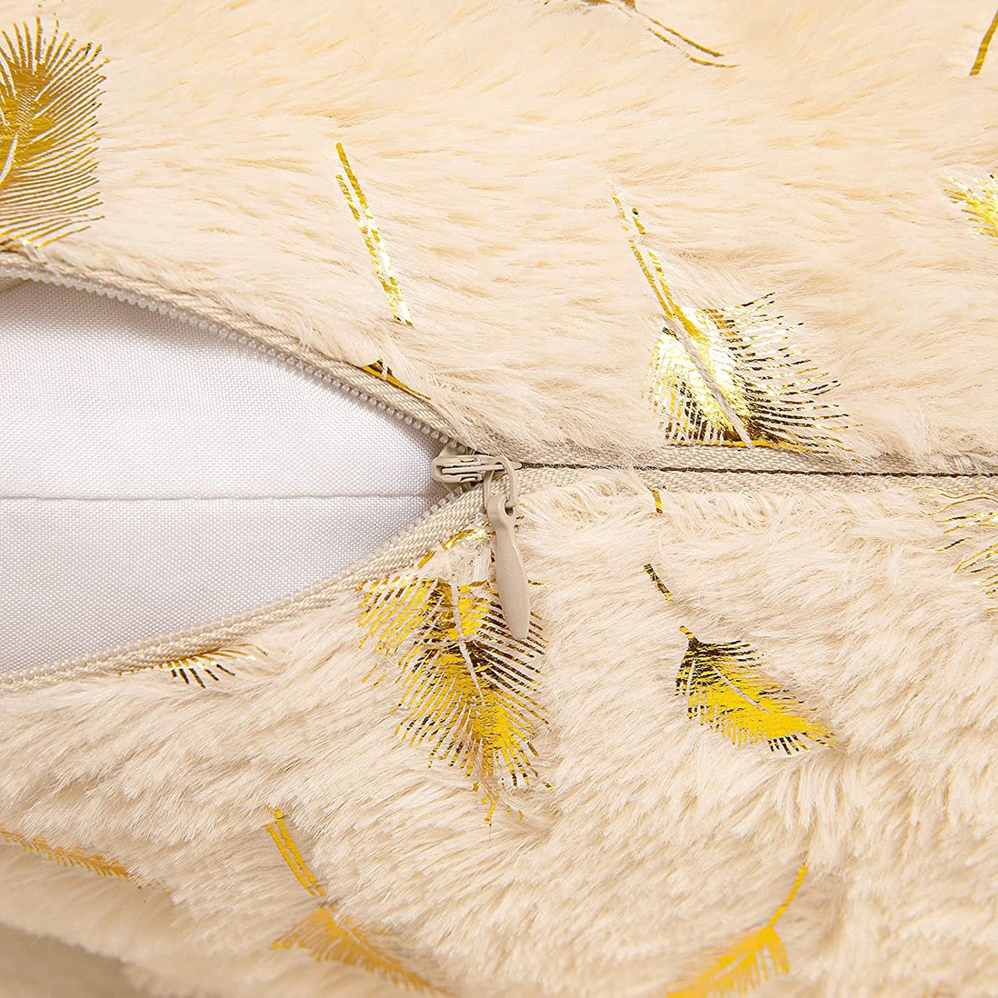 2x Square Throw Pillows Decorative Faux Fur Gold Feathers Gilding Leaves Cushion Cases Soft Fluffy(Inserts + Pillow Covers,Beige)