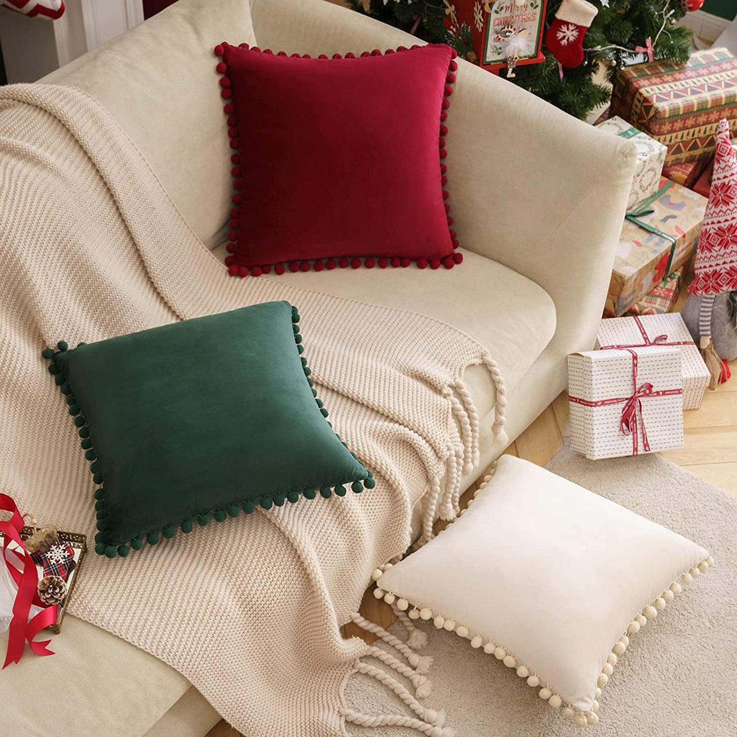 2x  Square Throw Pillows with Cute Pom-poms for Couch Sofa Bedroom Decor (Inserts + Pillow Covers, Wine Red )