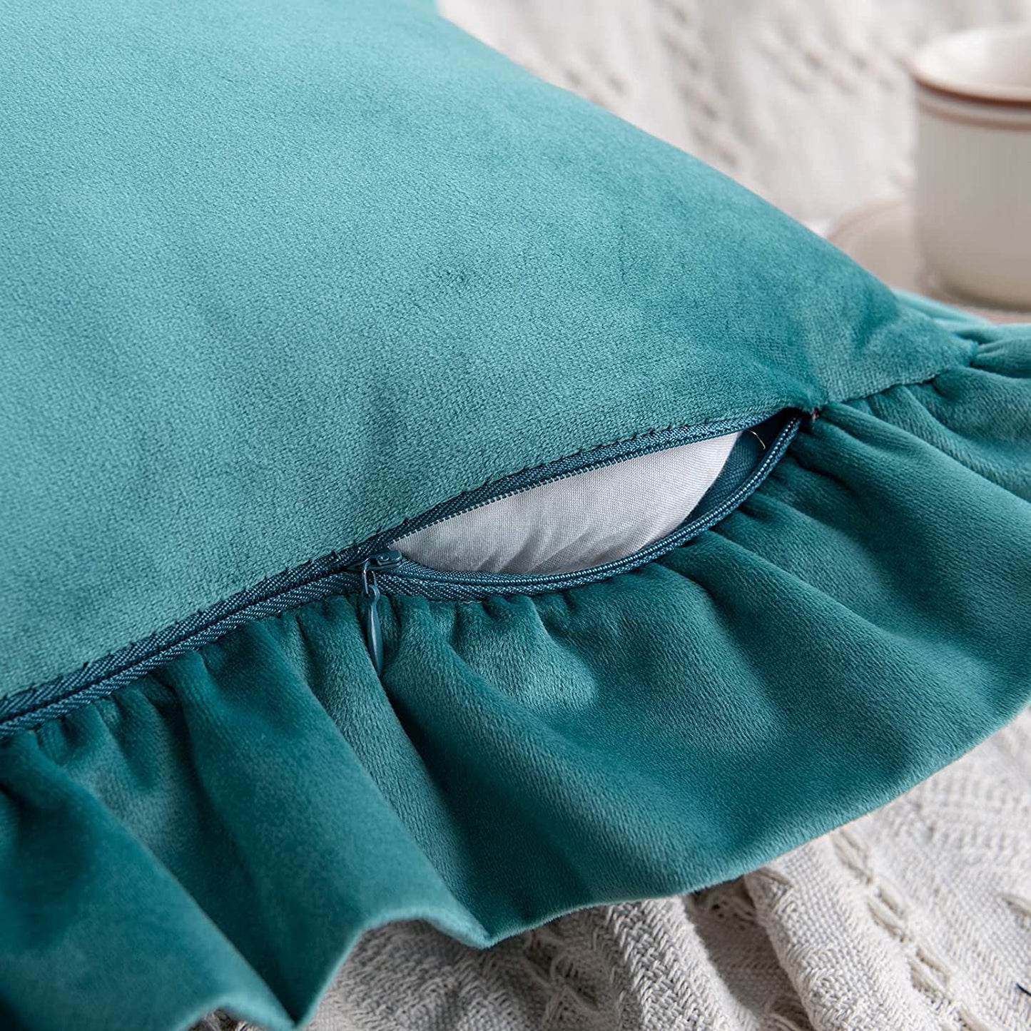 Pack of 2 Velvet Throw Pillow Covers with Ruffle, for Couch Sofa Living Room Decor(Inserts + Pillow Covers)- Teal