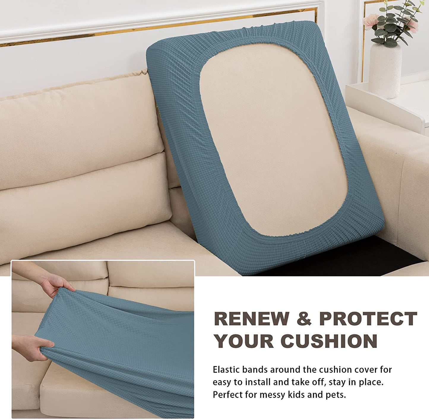 Water Repellent Sofa Couch Cushion Covers Sofa Seat Slipcover Suitable for 1/2/3 Setaer Furniture Protector, Non Slip Small Checks, Dusty Blue