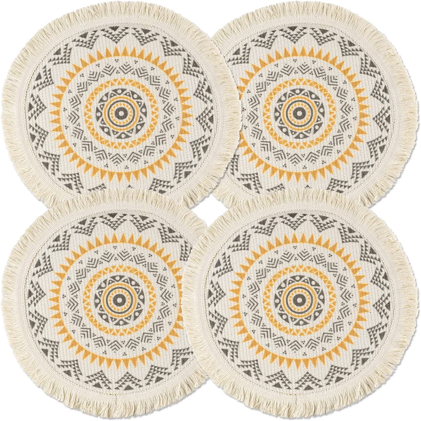 Round Placemats Set of 4/6/8, Boho Cotton Woven Macrame Tassels Table Mats Washable Heat Resistant Neutral Place Mat  (13 Inches,Yellow&brown)