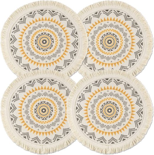 Round Placemats Set of 4/6/8, Boho Cotton Woven Macrame Tassels Table Mats Washable Heat Resistant Neutral Place Mat (13 Inches,Yellow&brown)
