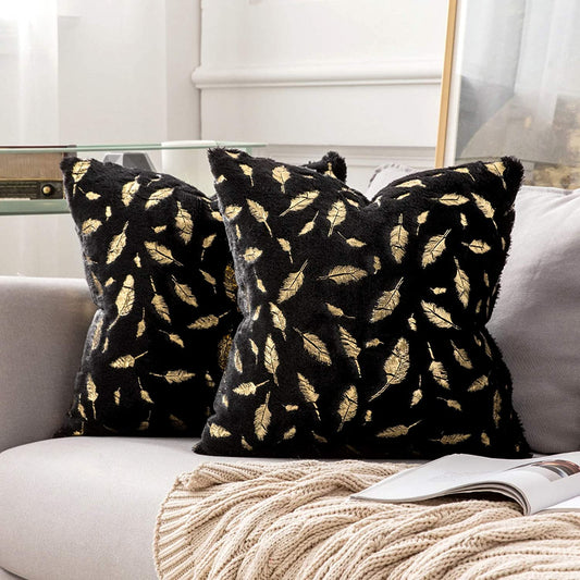 2x Square Throw Pillows Decorative Faux Fur Gold Feathers Gilding Leaves Cushion Cases Soft Fluffy(Inserts + Pillow Covers,Black)