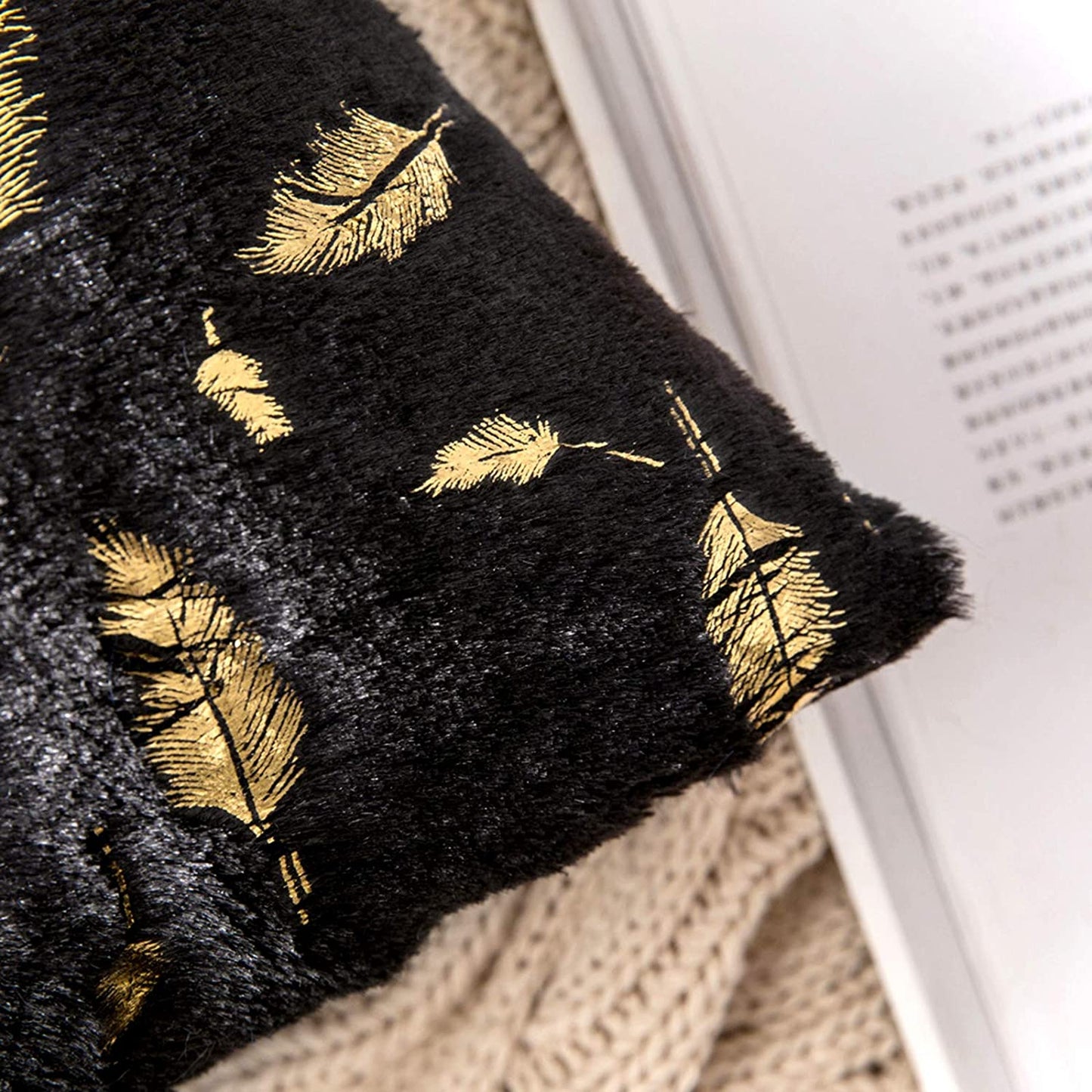 2x Square Throw Pillows Decorative Faux Fur Gold Feathers Gilding Leaves Cushion Cases Soft Fluffy(Inserts + Pillow Covers,Black)