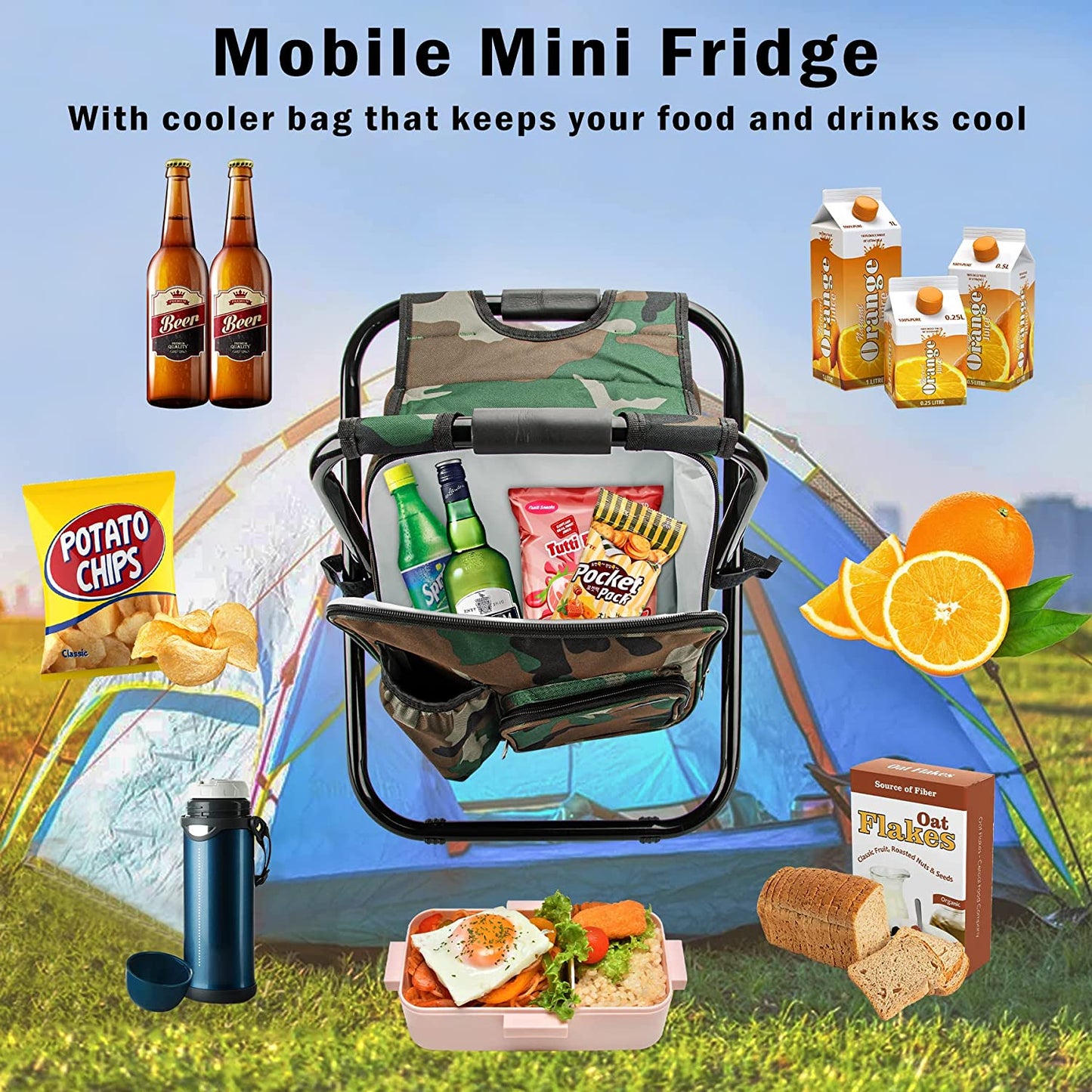 Folding Stool Backpack Insulated Cooler Bag, Collapsible Camping Hunting Fishing Multifunction Chair with Front Pocket and Bottle Pocket for Outdoor Events, Hiking, Travel, Beach
