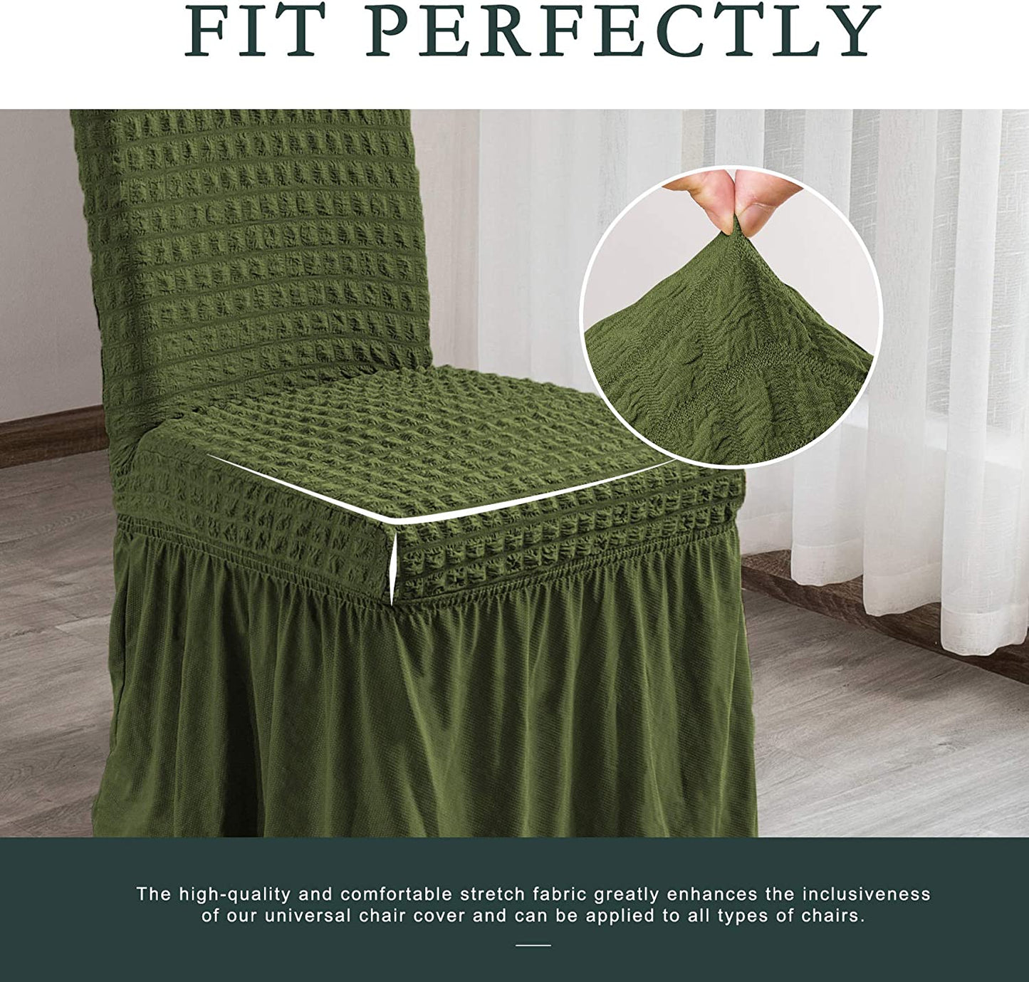 Stretchy Dining Room Chair Covers with Long Skirt, Suitable for families, parties, dirt resistant ,Set of 2/4/6/8 PCS,Green