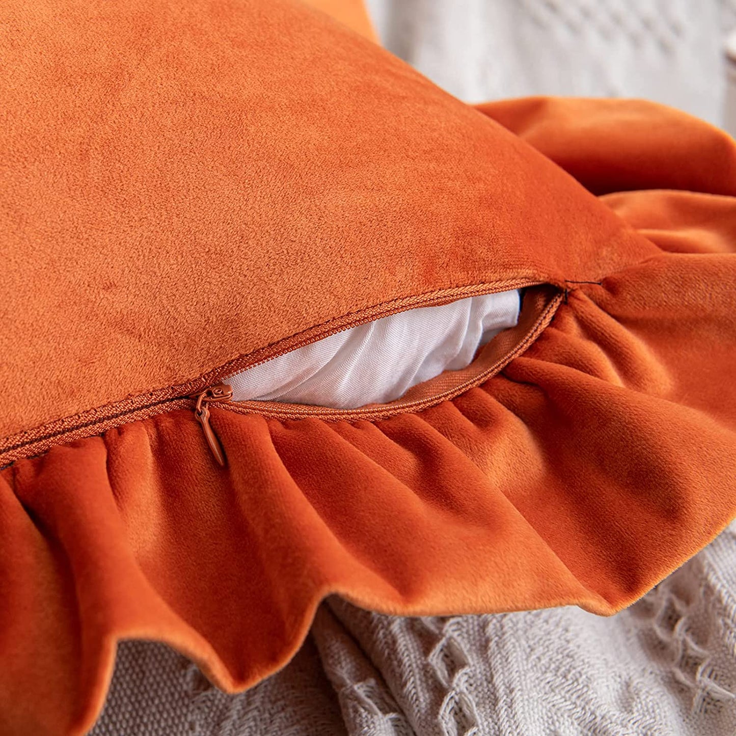 Pack of 2 Velvet Throw Pillow Covers with Ruffle, for Couch Sofa Living Room Decor(Inserts + Pillow Covers)-Orange