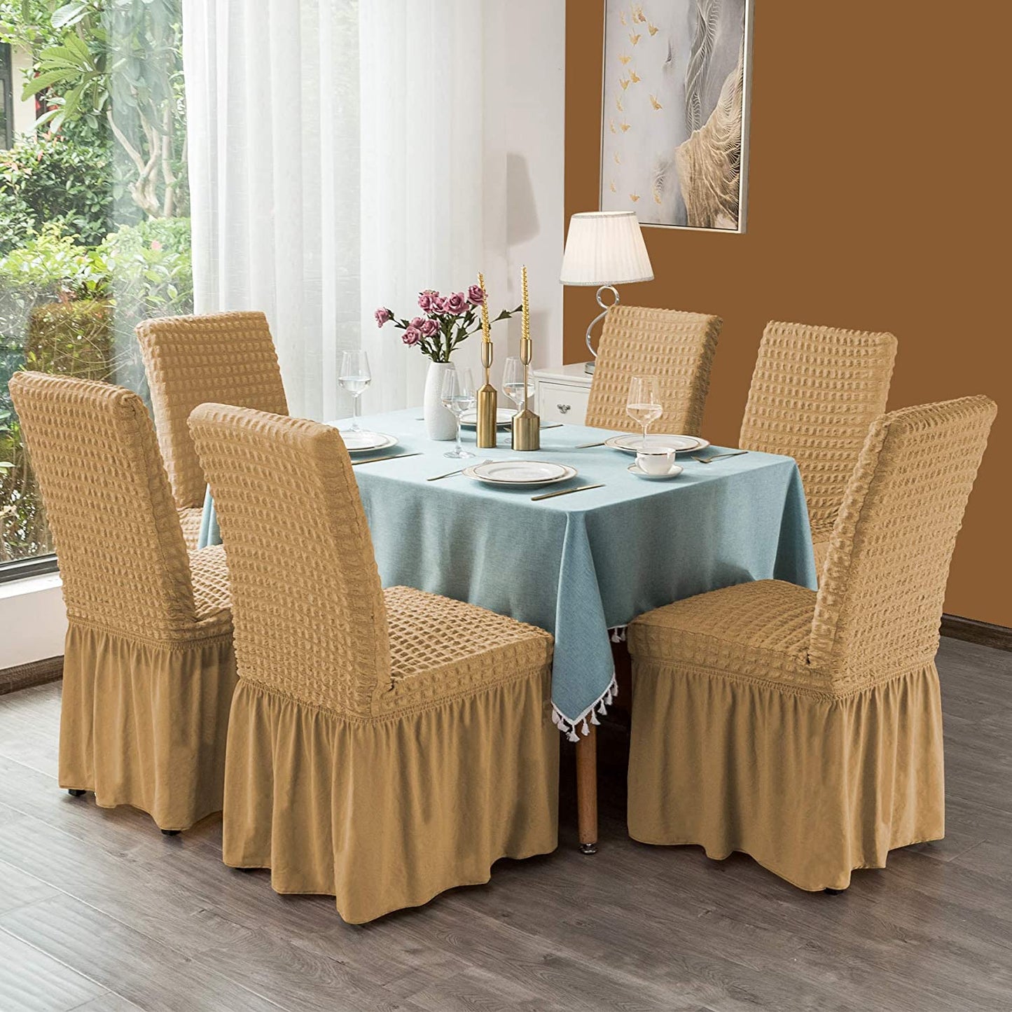 Stretchy Dining Room Chair Covers with Long Skirt, Suitable for families, parties, dirt resistant ,Set of 2/4/6/8 PCS,Yellow