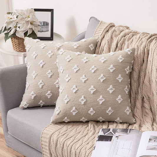 Velvet Throw Pillow Diamond Jacquard Soft Couch Pillows Set of 2 (Inserts + Pillow Covers, Beige)