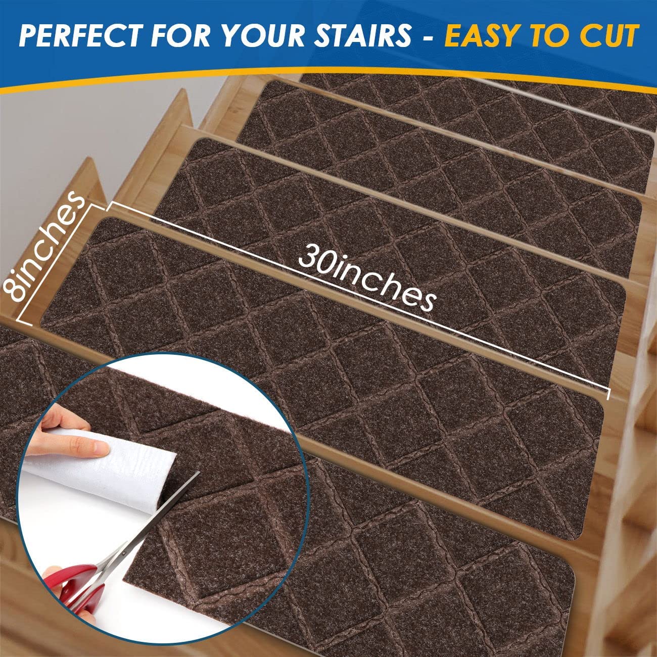 Stair Treads Carpet Non-Slip Indoor Stair Runners for Wooden Steps, Stair Rugs for Kids and Dogs, Set of 15, 8" X 30",Diamond Brown