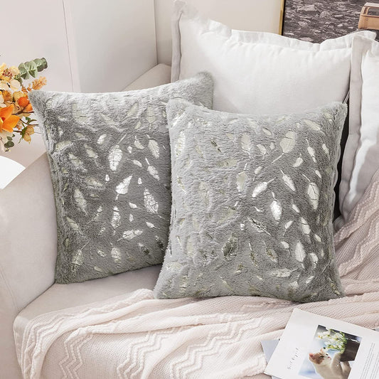 2x Square Throw Pillows Decorative Faux Fur Silver Feathers Silver Leaves Cushion Cases Soft Fluffy(Inserts + Pillow Covers, Dove)