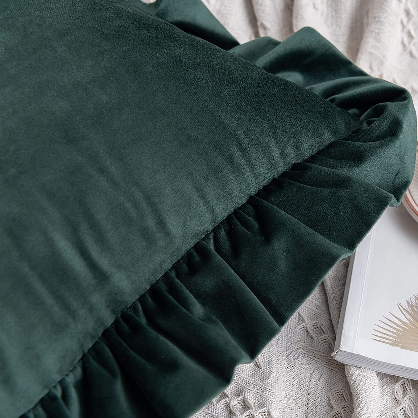 Pack of 2 Velvet Throw Pillow Covers with Ruffle, for Couch Sofa Living Room Decor(Inserts + Pillow Covers)- Dark Green