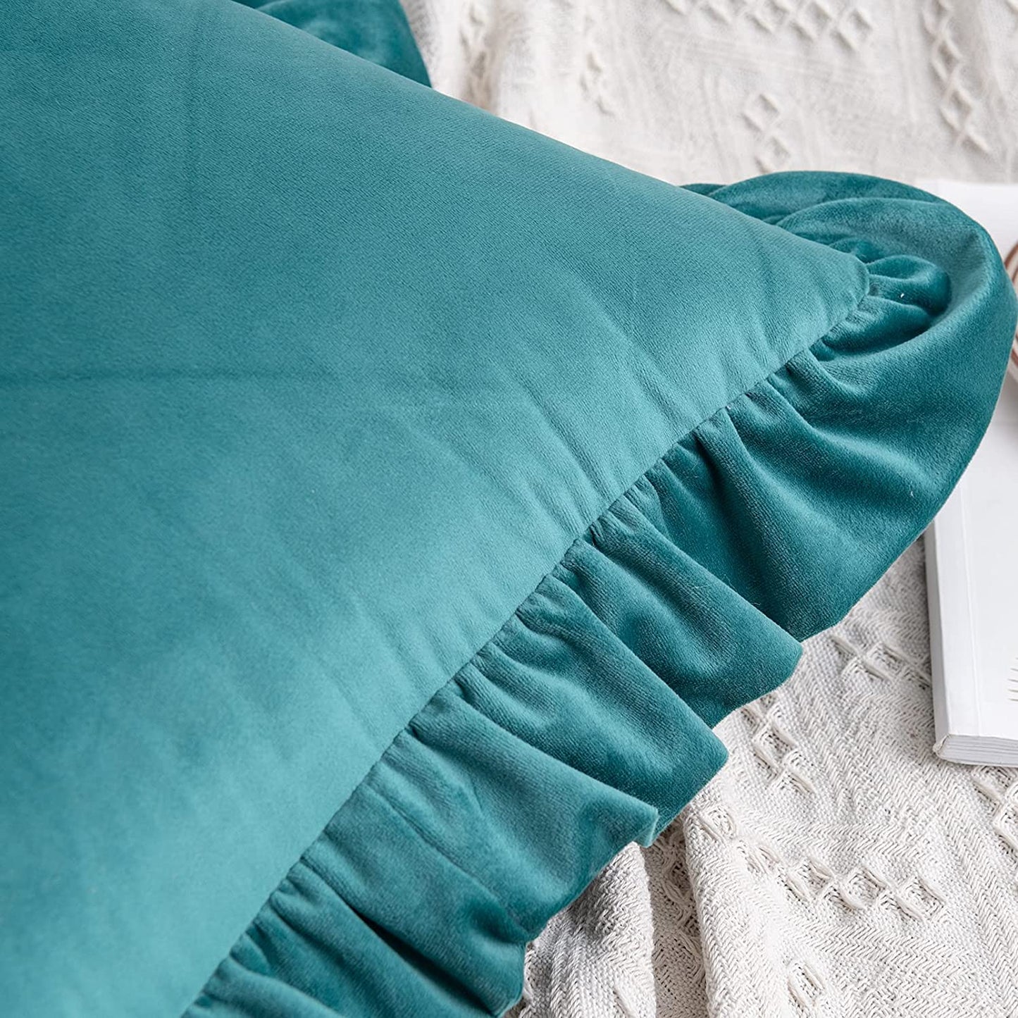 Pack of 2 Velvet Throw Pillow Covers with Ruffle, for Couch Sofa Living Room Decor(Inserts + Pillow Covers)- Teal