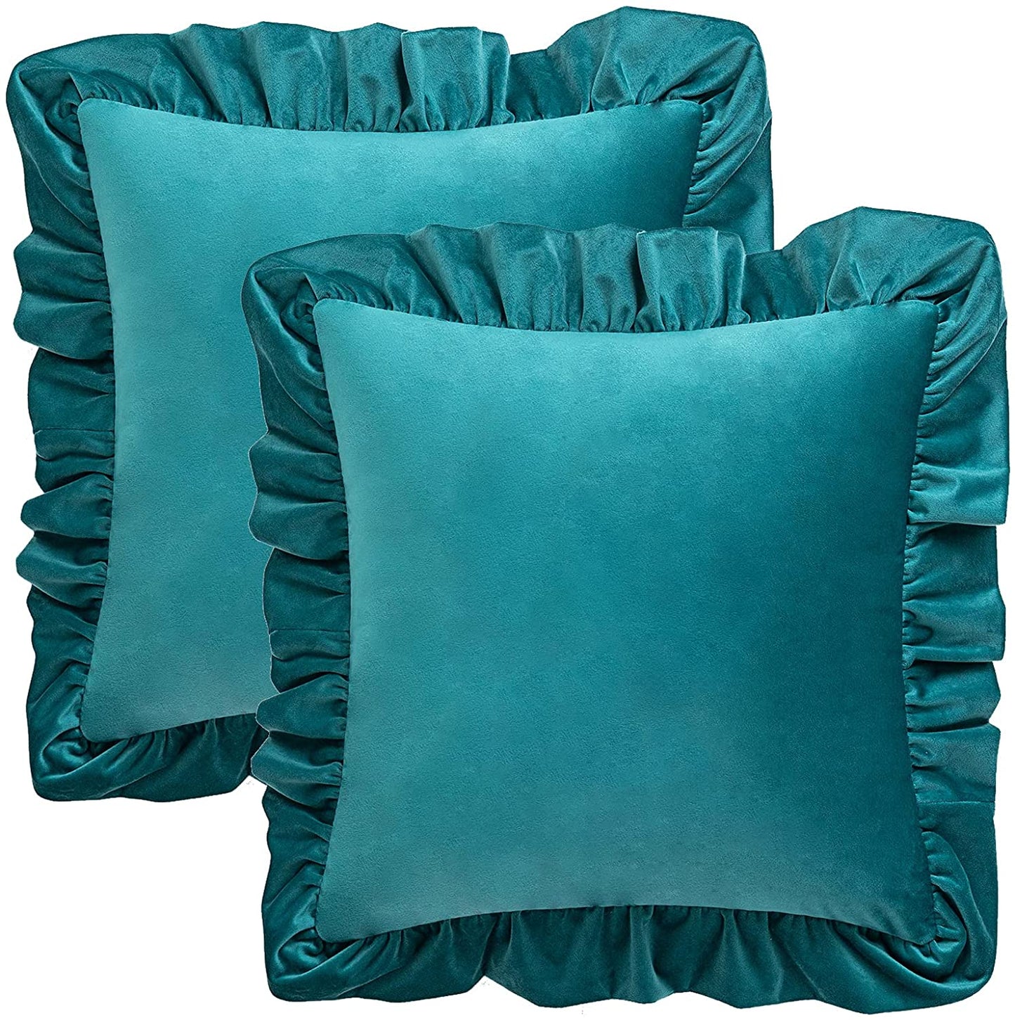 Pack of 2 Velvet Throw Pillow Covers with Ruffle, for Couch Sofa Living Room Decor(Inserts + Pillow Covers)- Teal