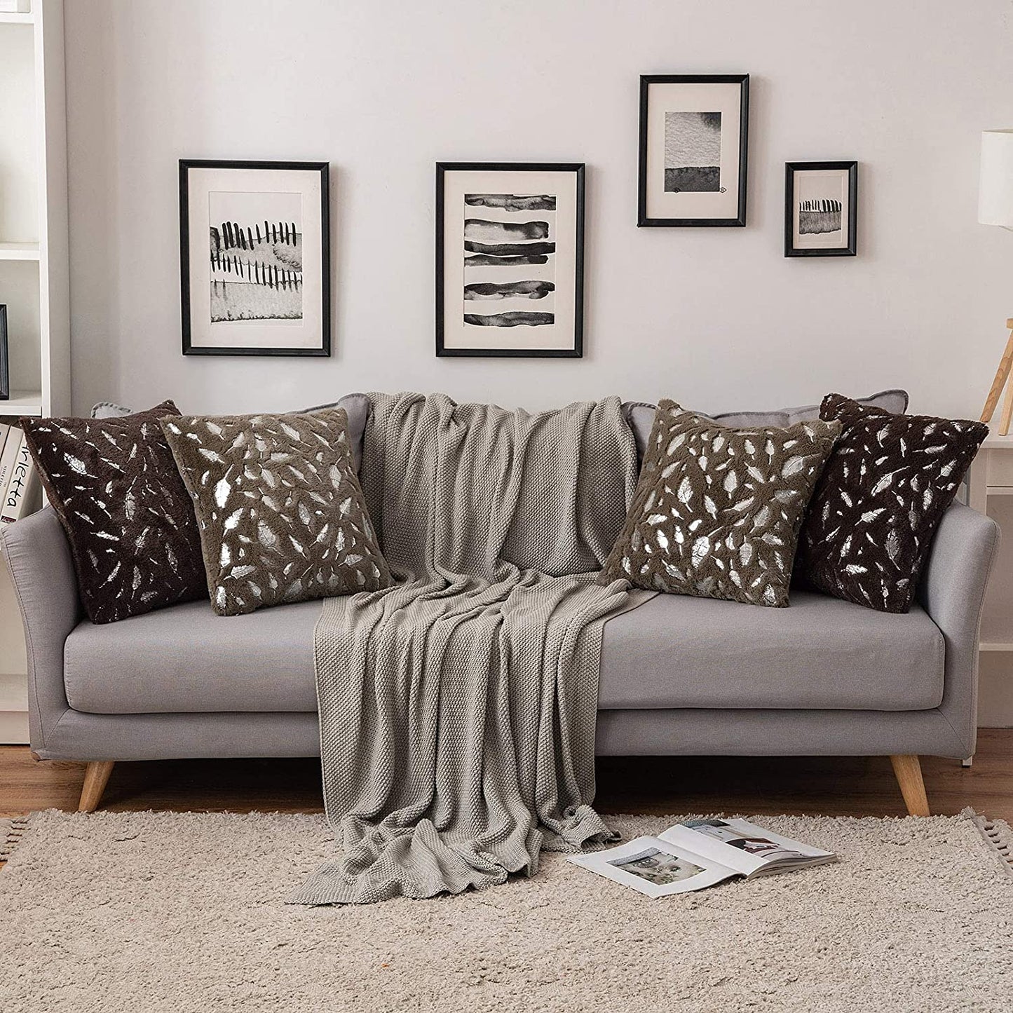 2x Square Throw Pillows Decorative Faux Fur Silver Feathers Silver Leaves Cushion Cases Soft Fluffy(Inserts + Pillow Covers, Brown)