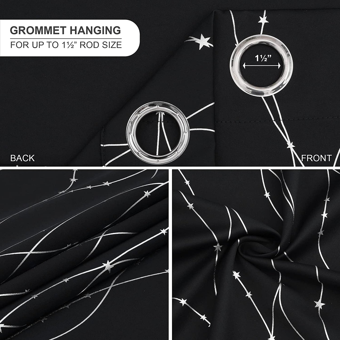 Black Blockout Curtains Bedroom Silver Star Print Design Thermal Insulated Room Darkening Window Treatment Grommet Drapes for Living Room/Kids Game Room Set of 2 Panels