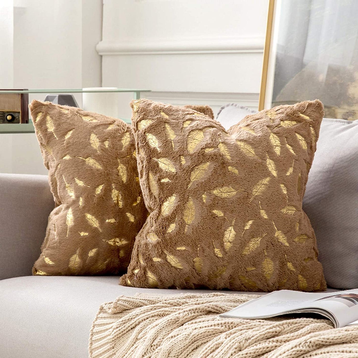 2x Square Throw Pillows Decorative Faux Fur Gold Feathers Gilding Leaves Cushion Cases Soft Fluffy(Inserts + Pillow Covers,Brown)