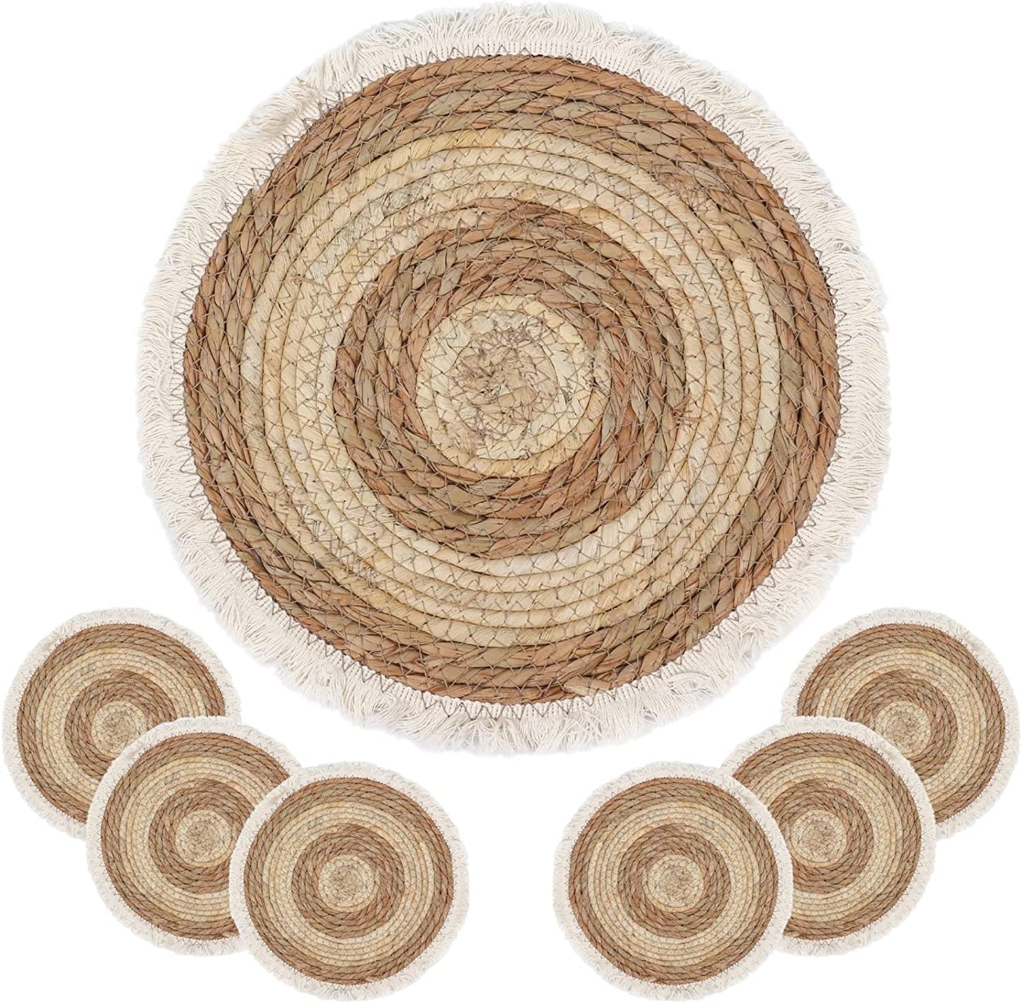 Natural Round 4/6/8 of Set Straw Braided Placemat with Tassel Boho Handmade Rattan Weave Heat Resistant Mats for Kitchen Table Decor(9.8")