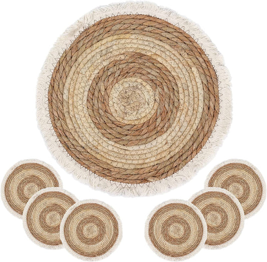 Natural Round 4/6/8 of Set Straw Braided Placemat with Tassel Boho Handmade Rattan Weave Heat Resistant Mats for Kitchen Table Decor(15")