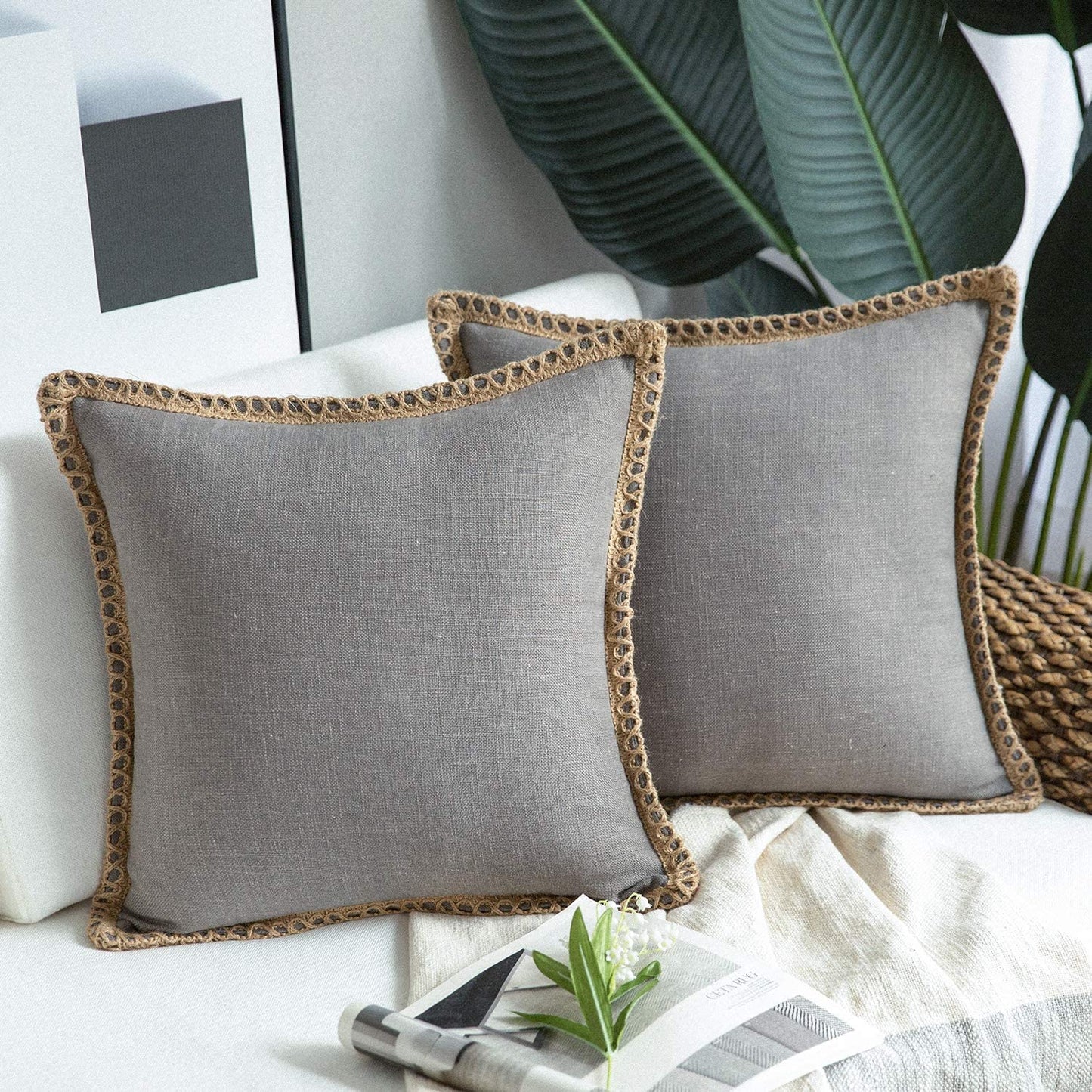 Pack of 2 Farmhouse Decorative Throw Pillow Covers Burlap Linen Trimmed Tailored Edges ,for Couch Sofa Living Room Decor - Grey