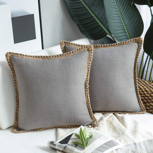 Pack of 2 Farmhouse Decorative Throw Pillow Covers Burlap Linen Trimmed Tailored Edges ,for Couch Sofa Living Room Decor - Grey