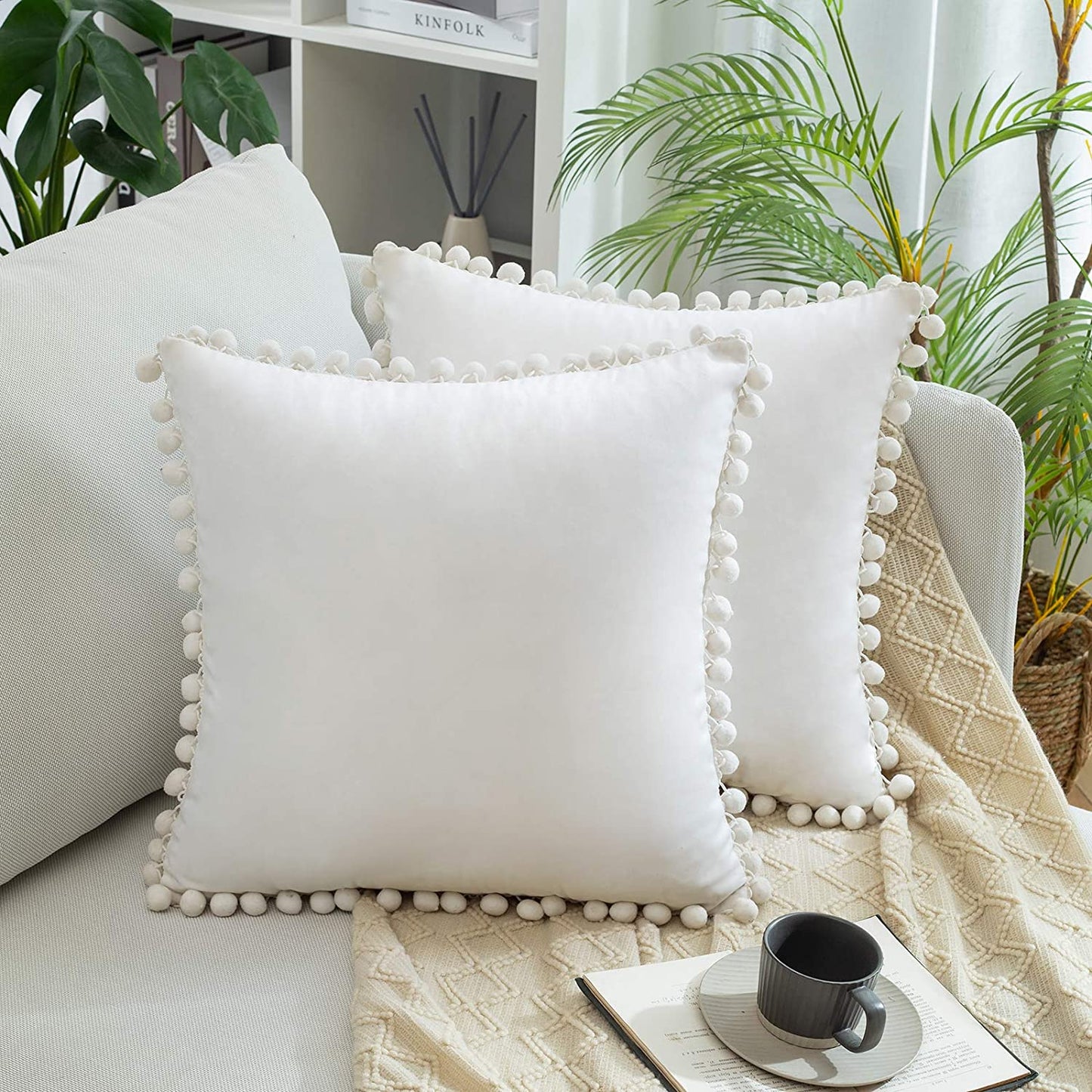 2x  Square Throw Pillows with Cute Pom-poms for Couch Sofa Bedroom Decor (Inserts + Pillow Covers,  White)