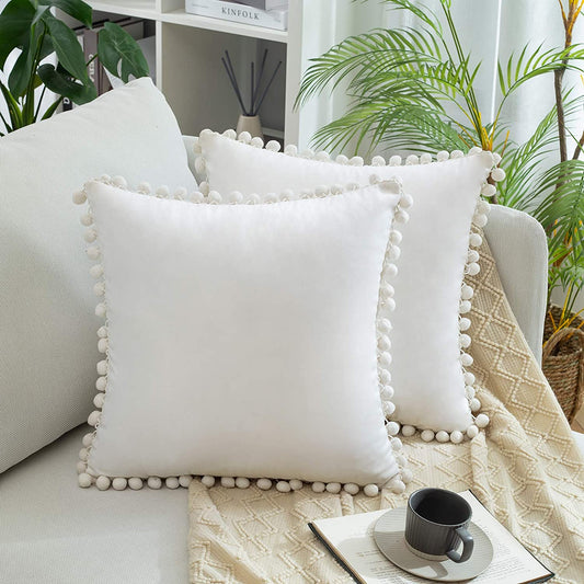 2x  Square Throw Pillows with Cute Pom-poms for Couch Sofa Bedroom Decor (Inserts + Pillow Covers,  White)