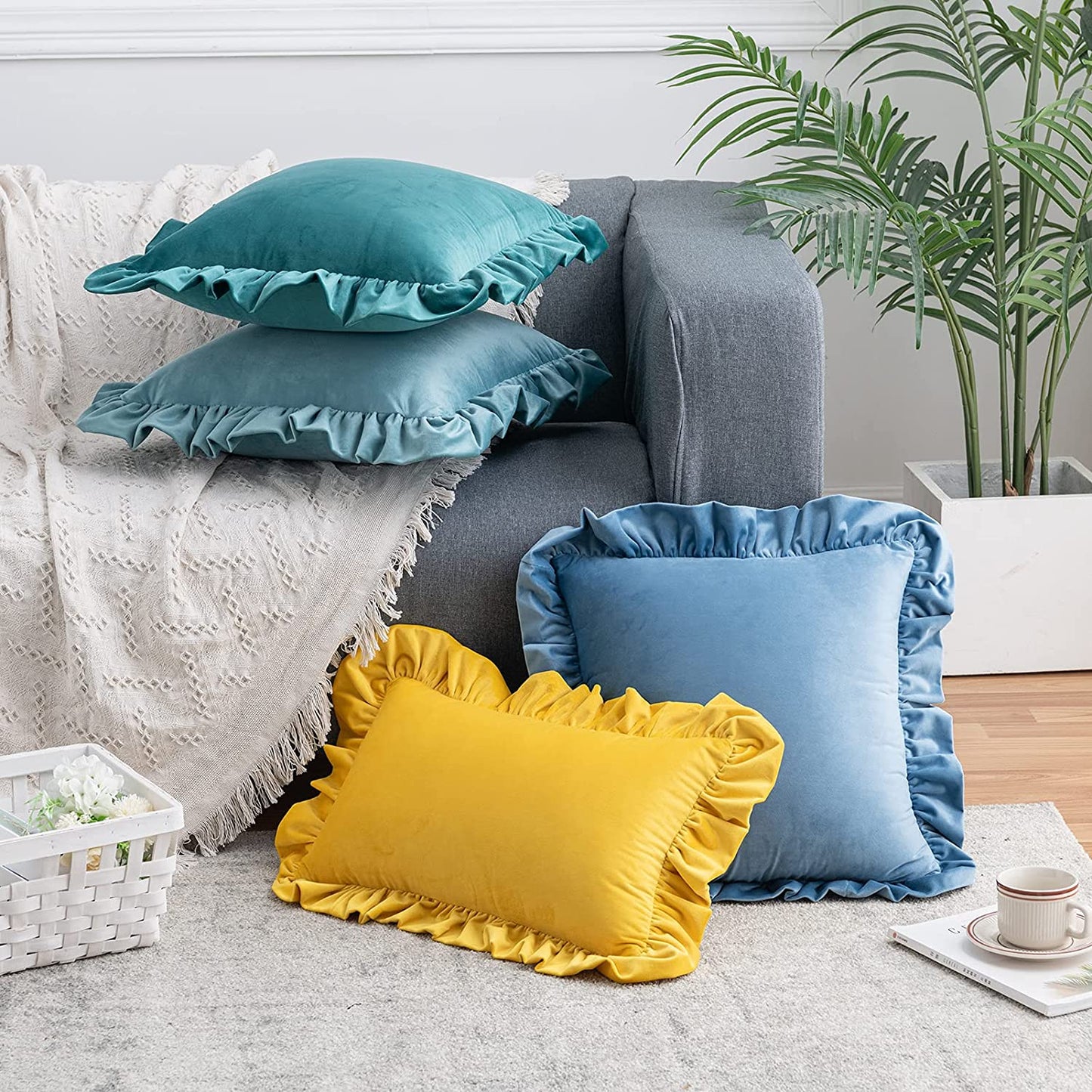 Pack of 2 Velvet Throw Pillow Covers with Ruffle, for Couch Sofa Living Room Decor(Inserts + Pillow Covers)- Teal