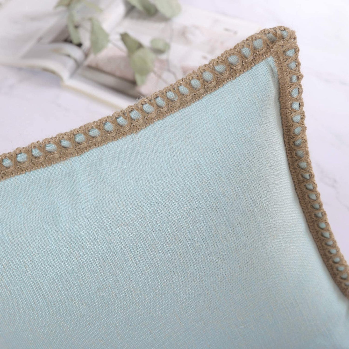 Pack of 2 Farmhouse Decorative Throw Pillow Covers Burlap Linen Trimmed Tailored Edges ,for Couch Sofa Living Room Decor - Light Turquoise
