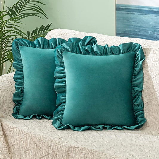 Pack of 2 Velvet Throw Pillow Covers with Ruffle, for Couch Sofa Living Room Decor(Inserts + Pillow Covers)- Teal
