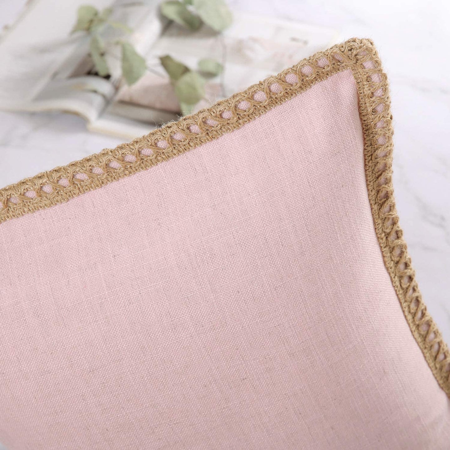 Pack of 2 Farmhouse Decorative Throw Pillow Covers Burlap Linen Trimmed Tailored Edges ,for Couch Sofa Living Room Decor - Light Pink