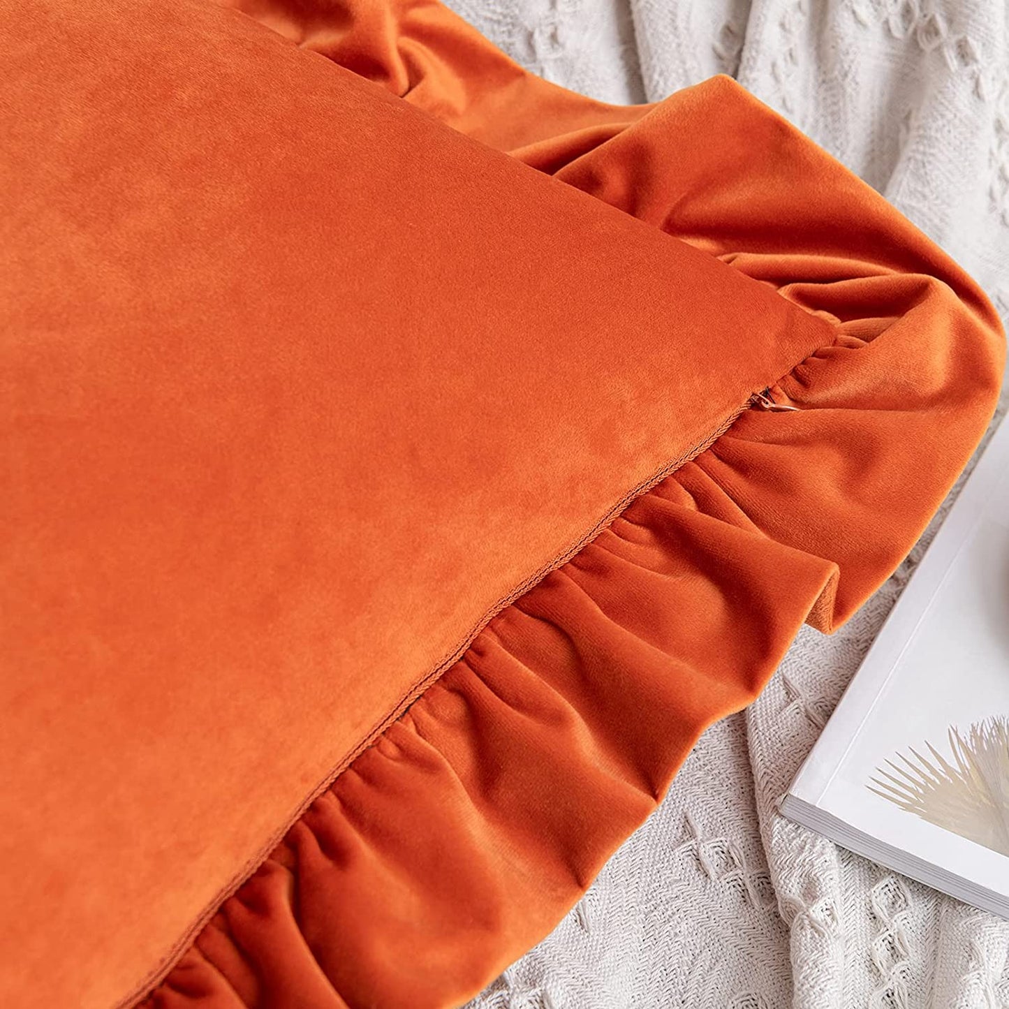Pack of 2 Velvet Throw Pillow Covers with Ruffle, for Couch Sofa Living Room Decor(Inserts + Pillow Covers)-Orange