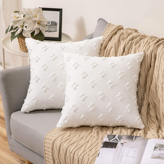 Velvet Throw Pillow Diamond Jacquard Soft Couch Pillows Set of 2 (Inserts + Pillow Covers, White)