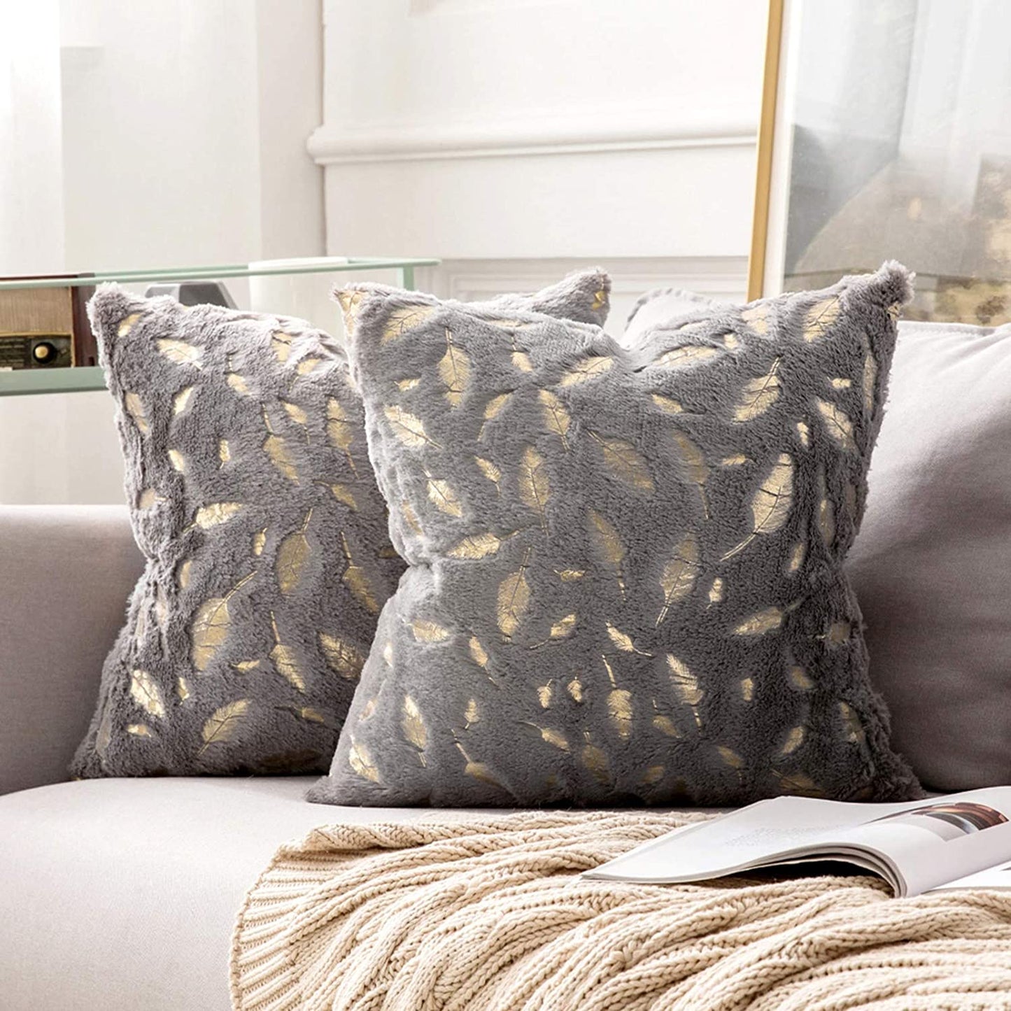 2x Square Throw Pillows Decorative Faux Fur Gold Feathers Gilding Leaves Cushion Cases Soft Fluffy(Inserts + Pillow Covers,Grey)