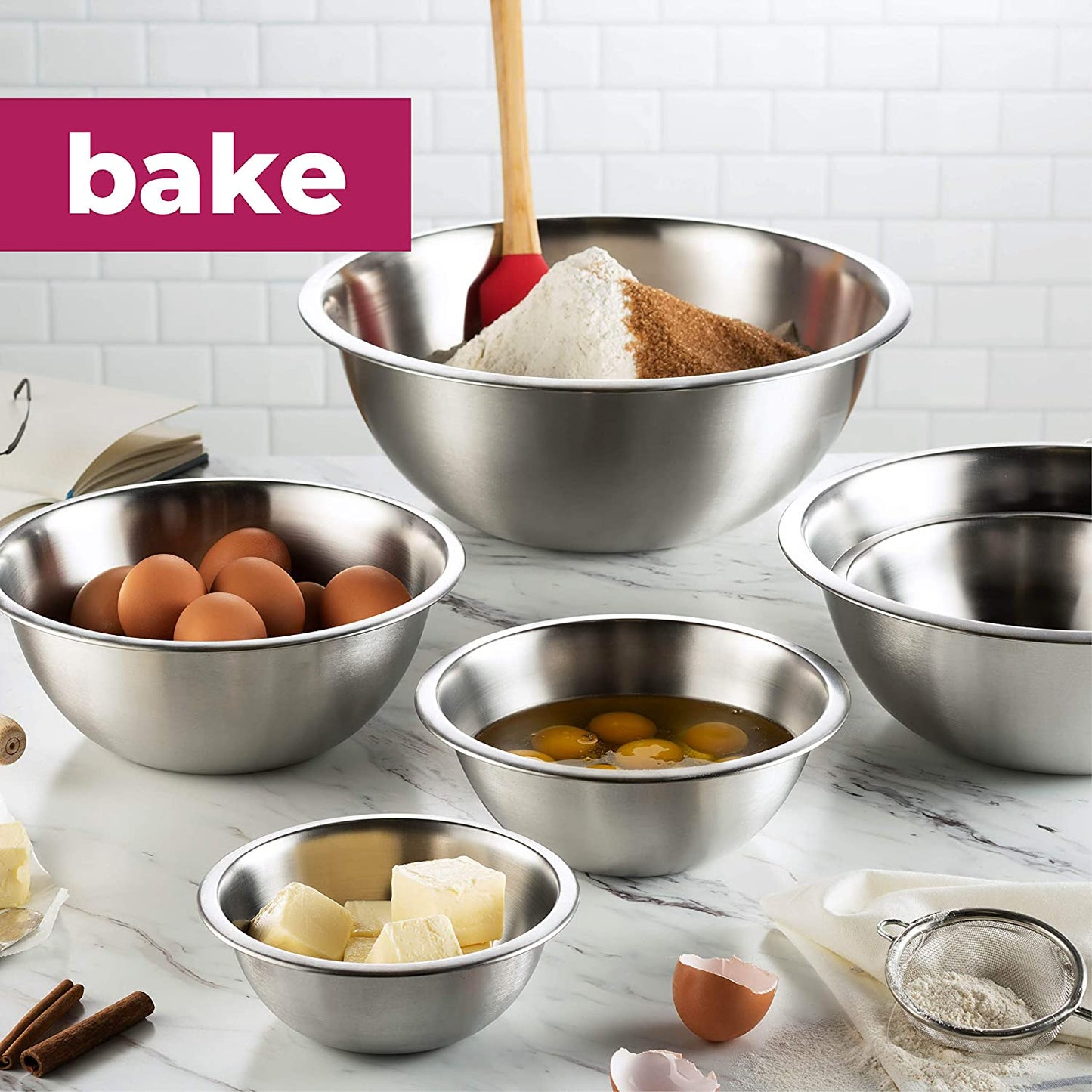 Stainless Steel Mixing Bowls (Set of 6) - Easy To Clean, Nesting Bowls for Space Saving Storage, Great for Cooking, Baking, Prepping