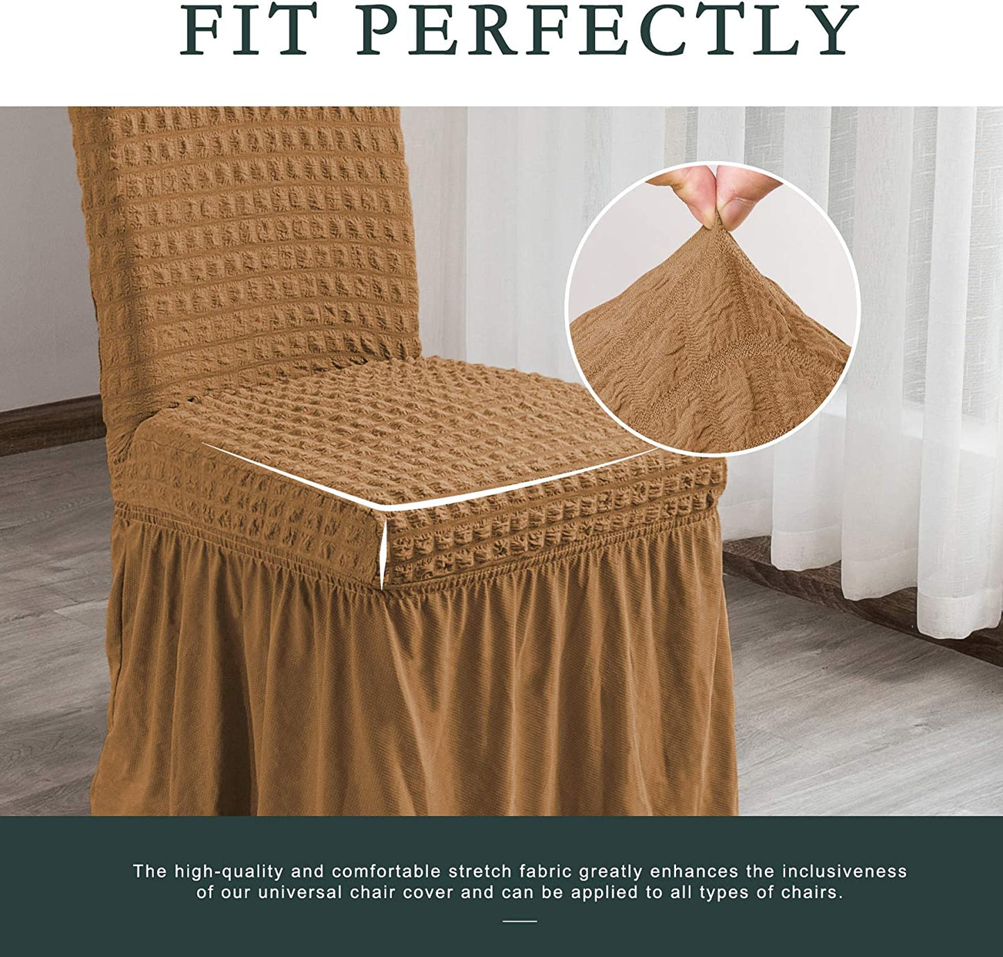 Stretchy Dining Room Chair Covers with Long Skirt, Suitable for families, parties, dirt resistant ,Set of 2/4/6/8 PCS,Almond