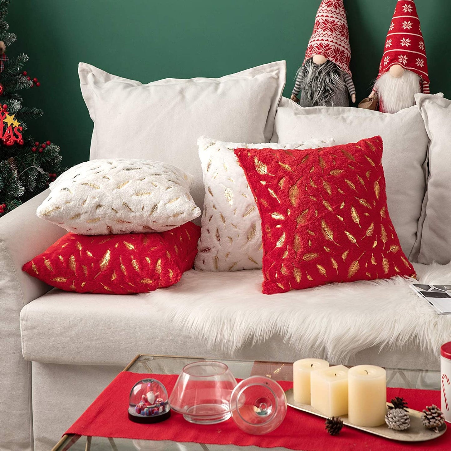 2x Square Throw Pillows Decorative Faux Fur Gold Feathers Gilding Leaves Cushion Cases Soft Fluffy(Inserts + Pillow Covers, Red)