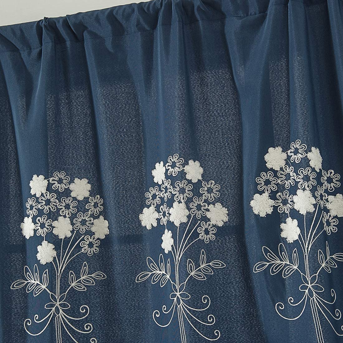 Floral Embroidered Farmhouse Tie Up Shade Curtain Rod Pocket 1 Piece, Navy