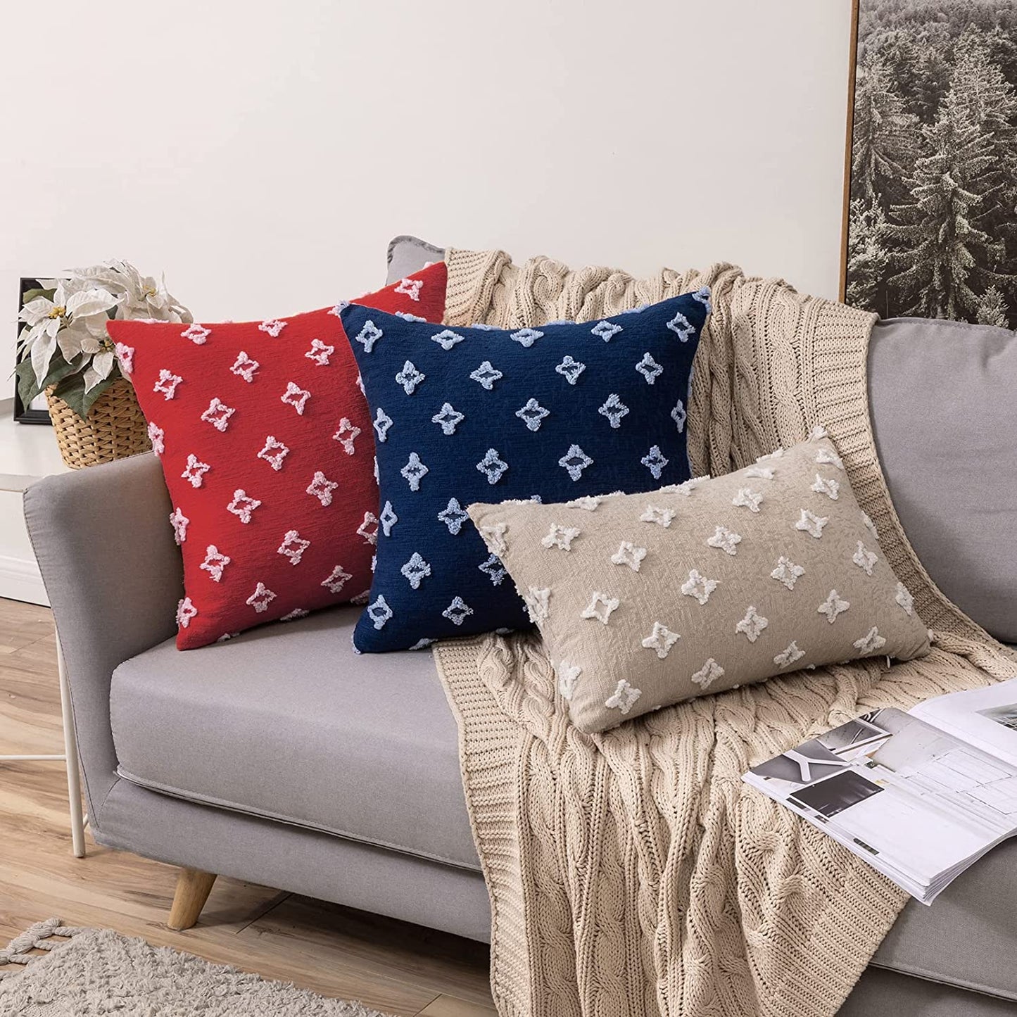 Velvet Throw Pillow Diamond Jacquard Soft Couch Pillows Set of 2 (Inserts + Pillow Covers, Red)
