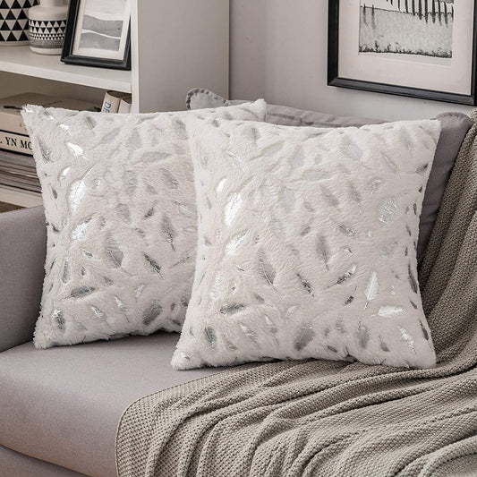 2x Square Throw Pillows Decorative Faux Fur Silver Feathers Silver Leaves Cushion Cases Soft Fluffy(Inserts + Pillow Covers, White)