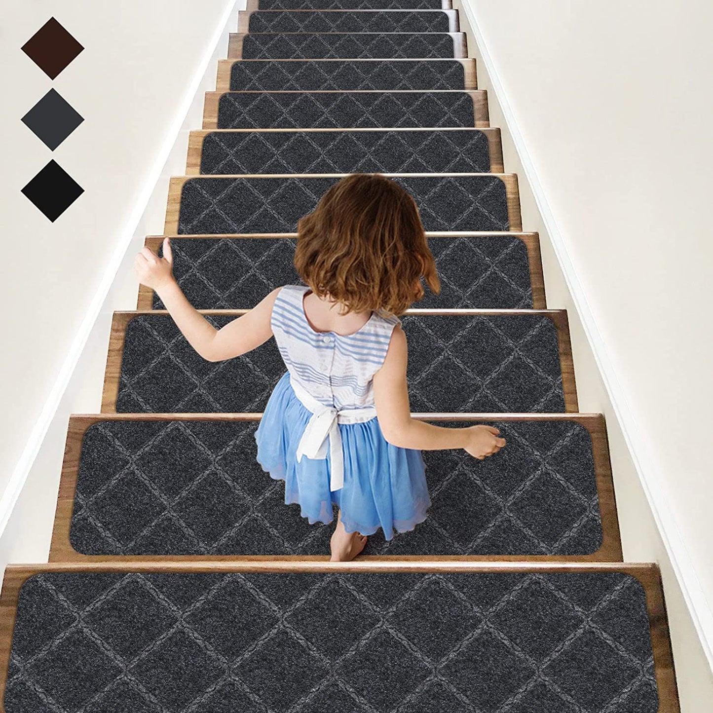 Stair Treads Carpet Non-Slip Indoor Stair Runners for Wooden Steps, Stair Rugs for Kids and Dogs, Set of 15, 8" X 30",Diamond Grey