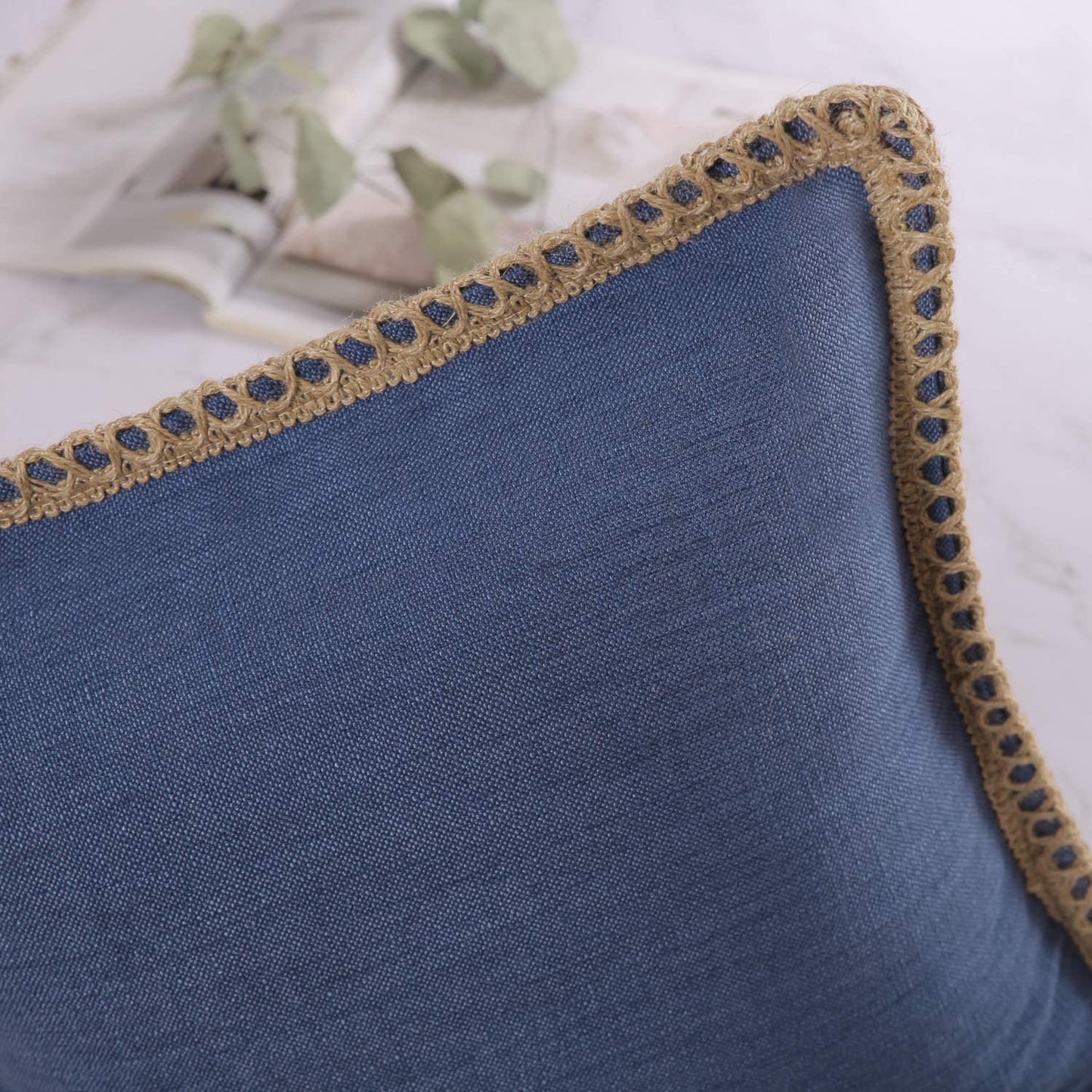 Pack of 2 Farmhouse Decorative Throw Pillow Covers Burlap Linen Trimmed Tailored Edges ,for Couch Sofa Living Room Decor - Navy