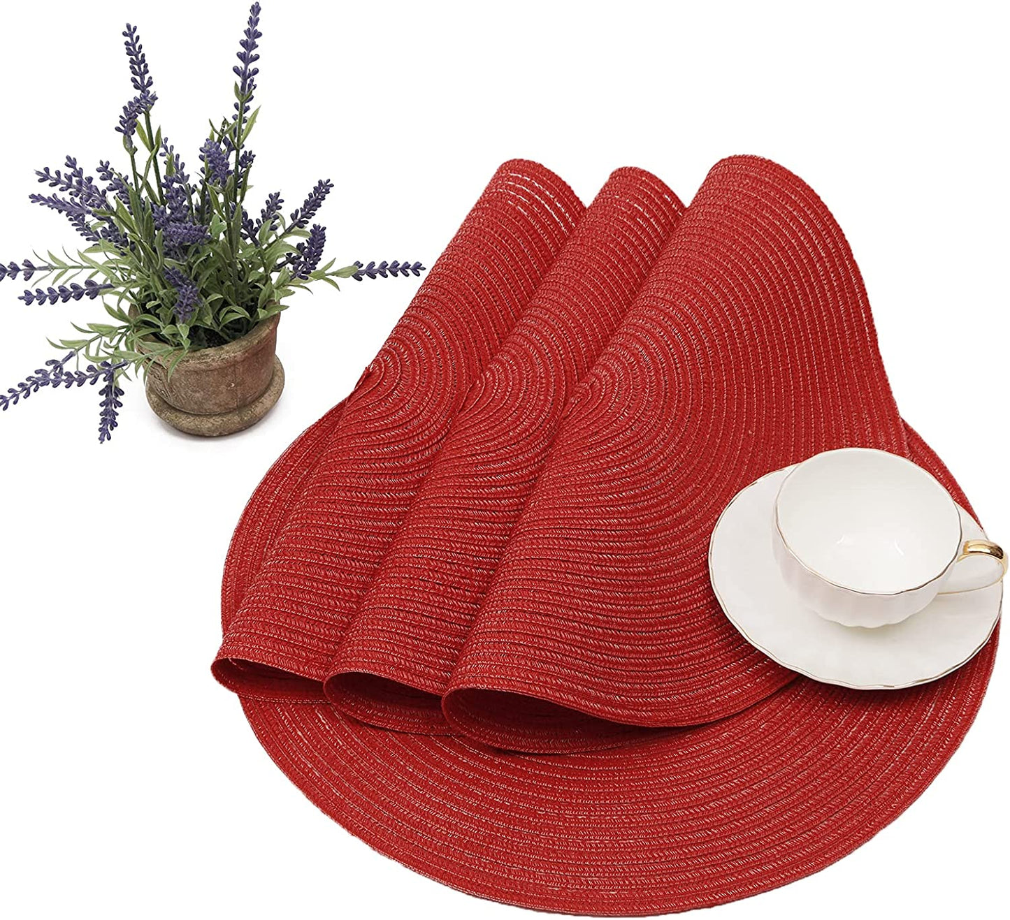 Round Placemats Set of 4/6/8 for Dining Tables 14 inch Cotton Braided Placemats Washable Reversible for Kitchen Holiday Party（Red）