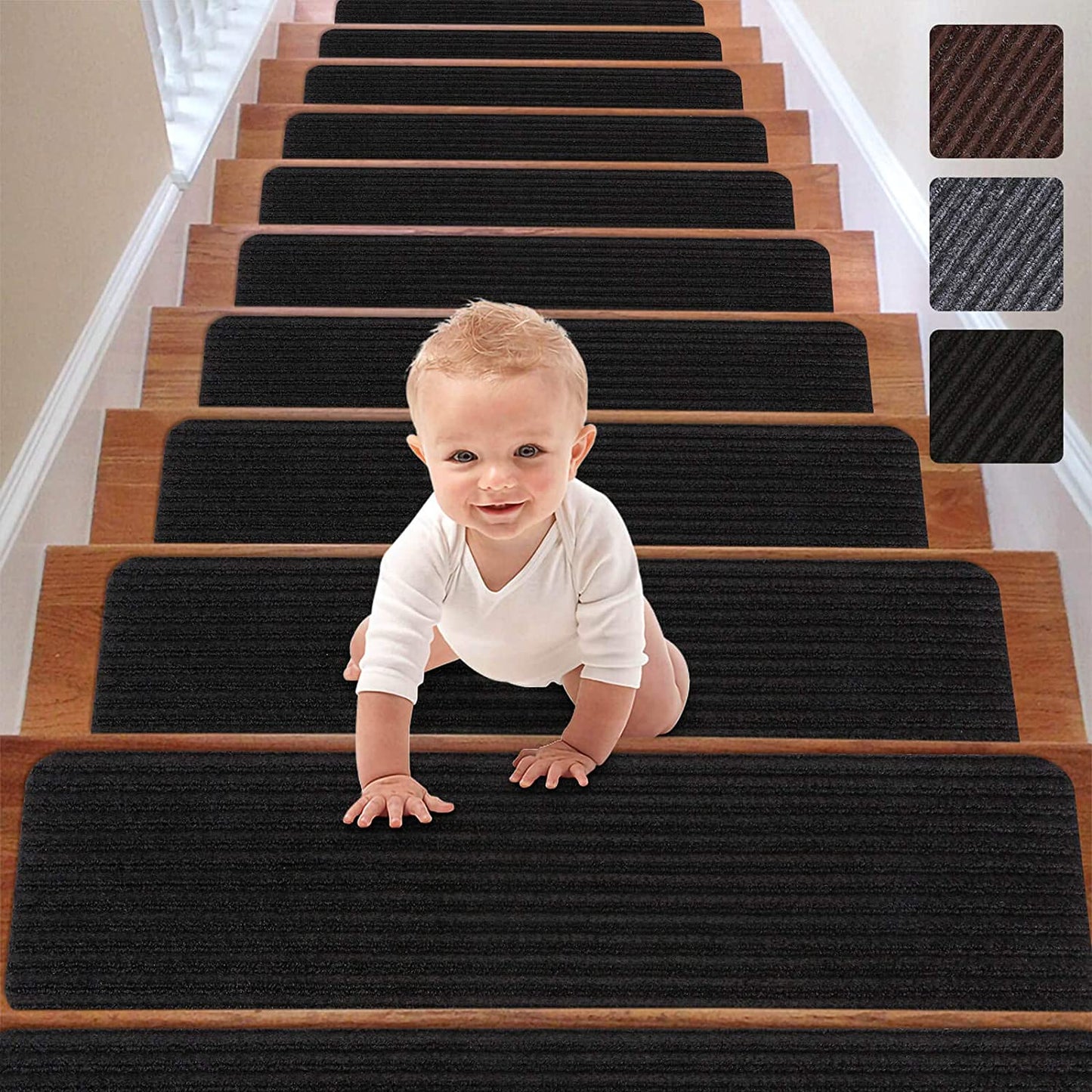 Stair Treads Carpet Non-Slip Indoor Stair Runners for Wooden Steps, Stair Rugs for Kids and Dogs, Set of 15, 8" X 30", Black