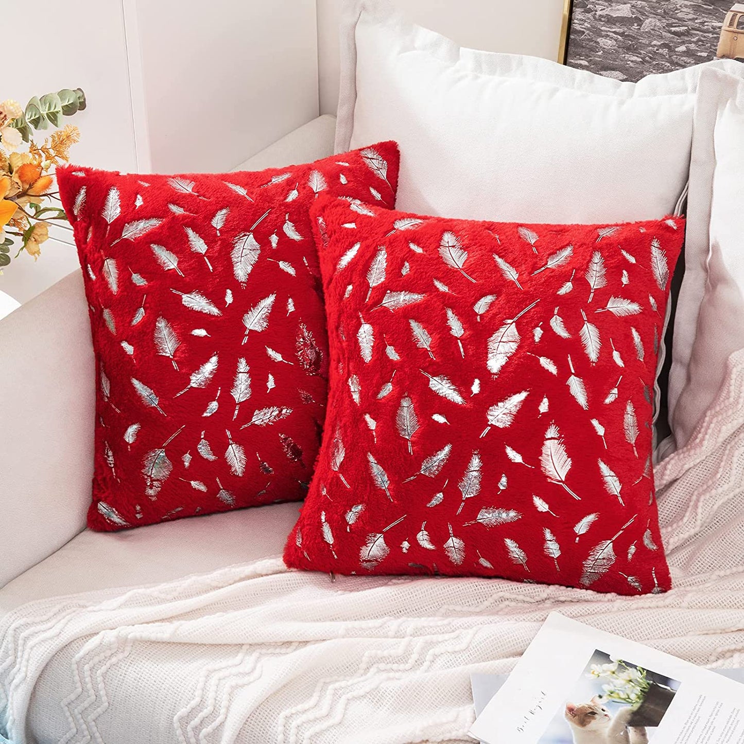 2x Square Throw Pillows Decorative Faux Fur Silver Feathers Silver Leaves Cushion Cases Soft Fluffy(Inserts + Pillow Covers, Red)